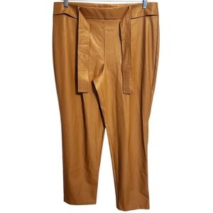 Carole Wren | Women's Tan High-Waisted Faux Leather Belted Pants (Size 14)
